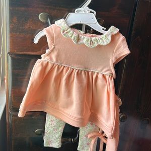 Peach shirt & flower matching pants set with matching bonnet size 3-6 months